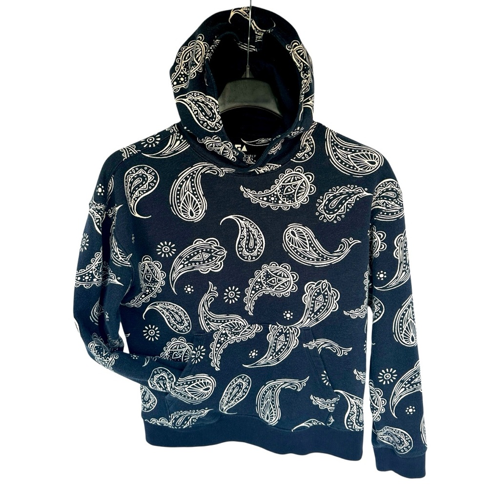 Bandanna Print Hoodie – XL – Navy Blue with White Paisley Print – Boxy Fit
